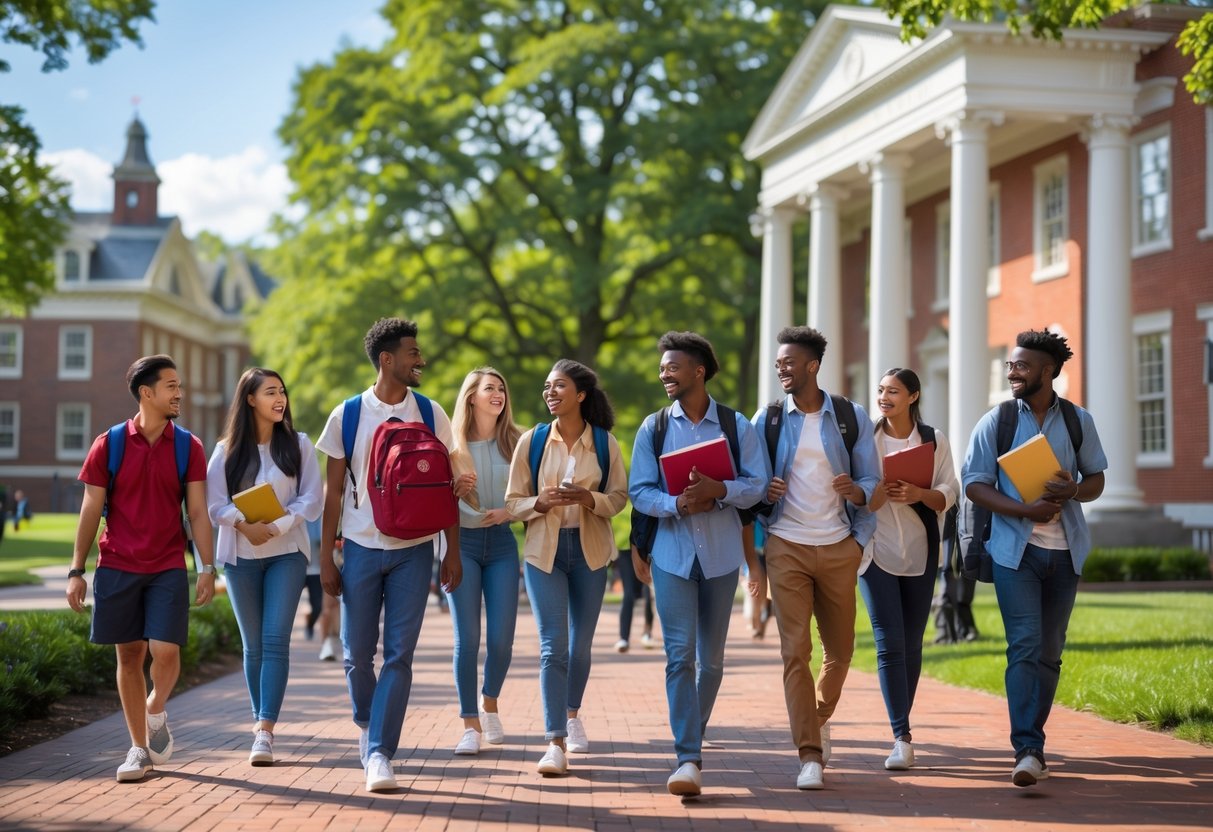 45 Fully Funded Scholarships at Harvard University 2026 2 A group of diverse college students walking and talking on the Harvard University campus with historic buildings and trees in the background.