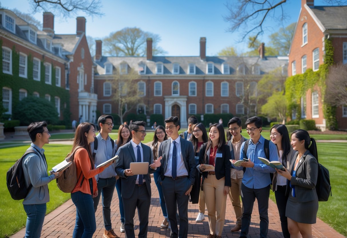 A group of diverse students talking and studying together outdoors on a university campus with classic brick buildings and green lawns.