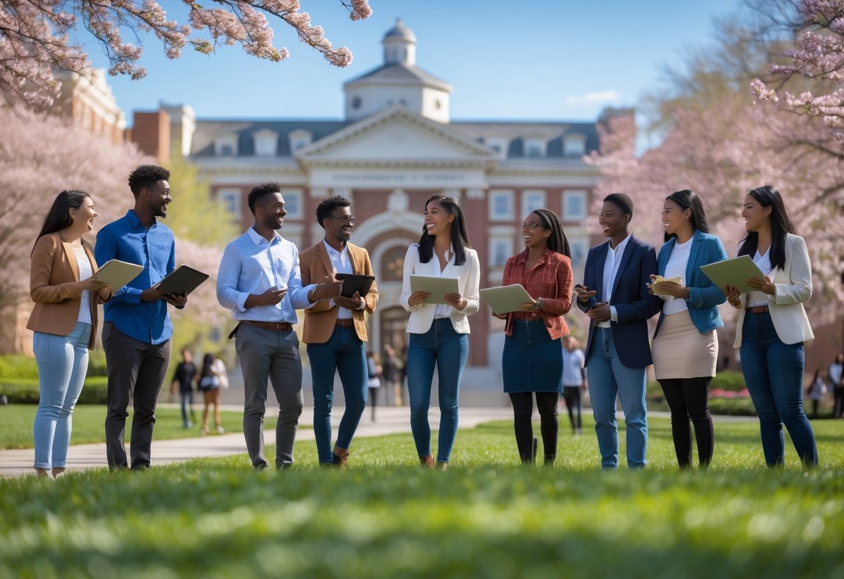 45 Fully Funded Scholarships at Harvard University 2026 5 A group of diverse graduate students talking and studying outside on the Harvard University campus with historic buildings and green lawns in the background.