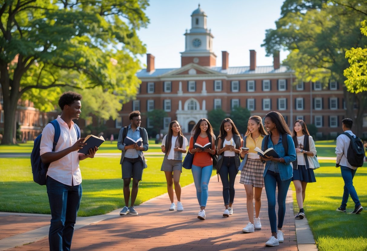 Students studying and walking on the Princeton University campus with Nassau Hall and green trees in the background on a sunny day.