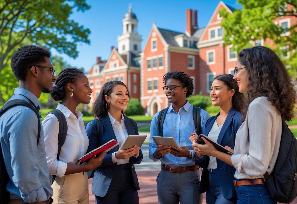 45 Fully Funded Scholarships at Harvard University 2026 6 A diverse group of young adults discussing together outside on a university campus with red brick buildings and trees in the background.