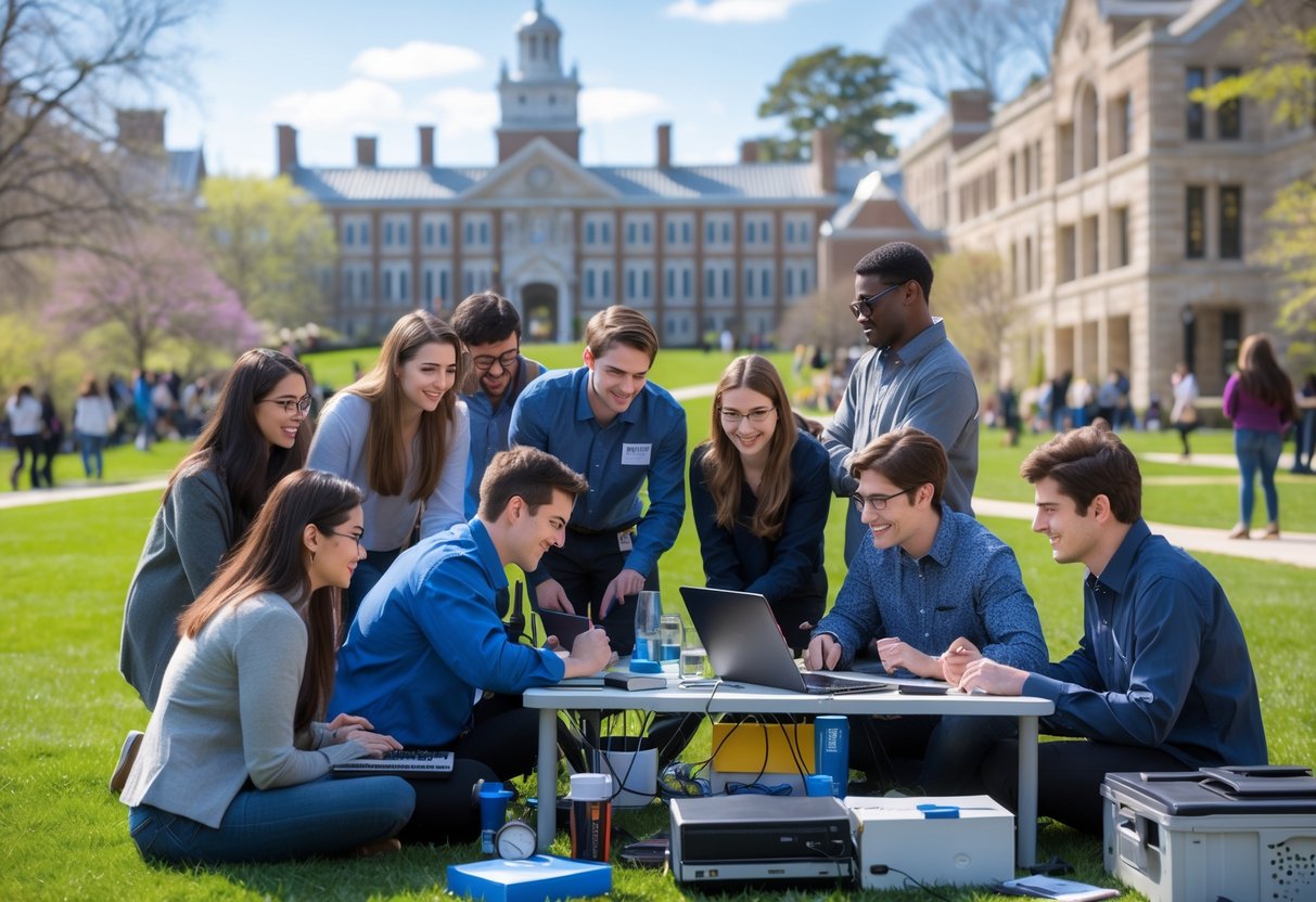 A group of diverse university students working together outdoors on a university campus with academic buildings and green lawns in the background.