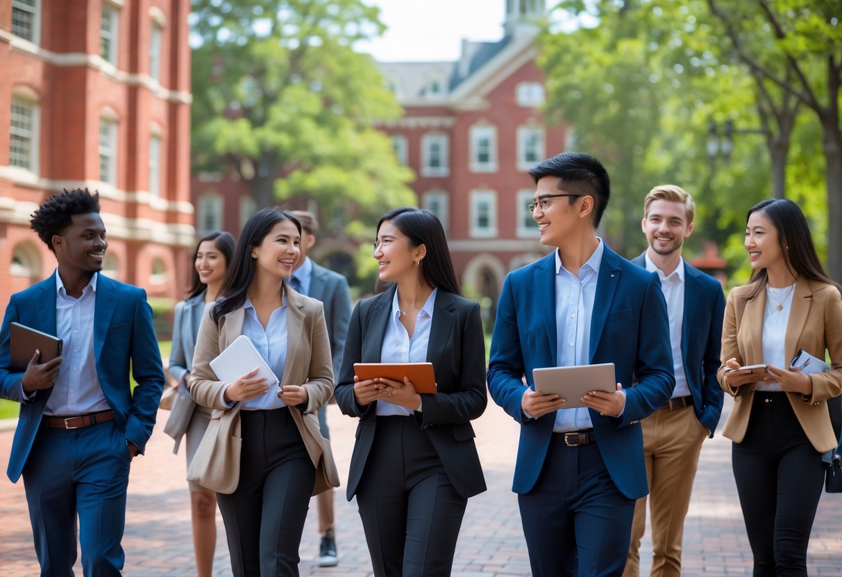 45 Fully Funded Scholarships at Harvard University 2026 7 A diverse group of young adults talking and walking on a university campus with red brick buildings and trees in the background.