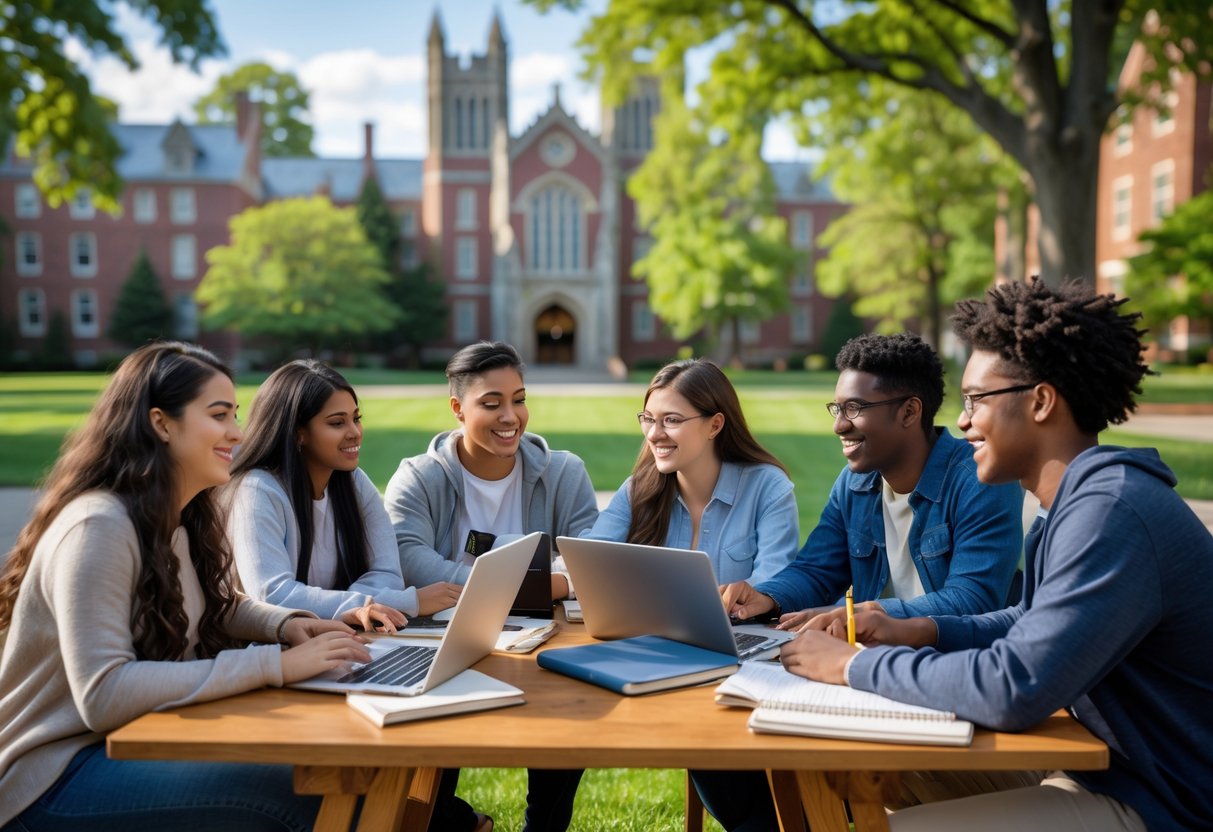 A diverse group of college students studying together outdoors on a university campus with historic buildings and greenery in the background.