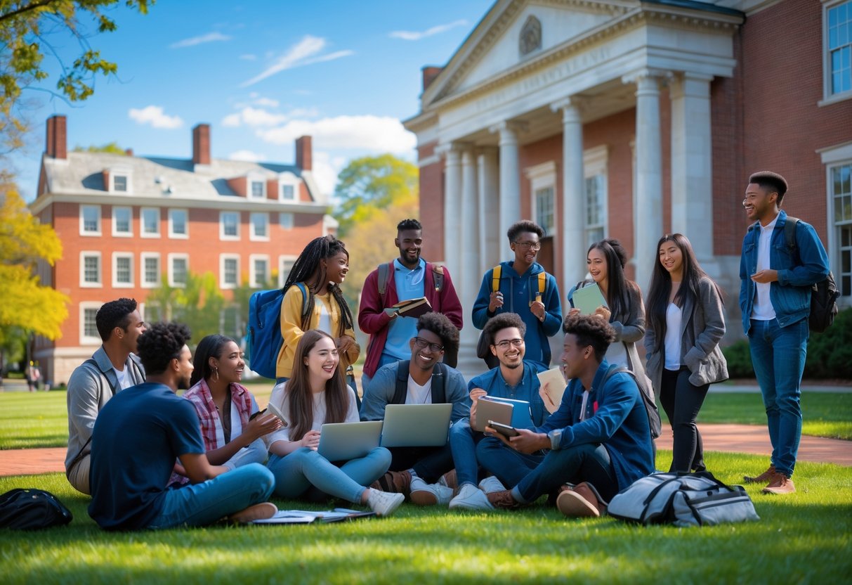 45 Fully Funded Scholarships at Harvard University 2026 9 A diverse group of college students studying and talking together outside on a university campus with red brick buildings and green lawns.