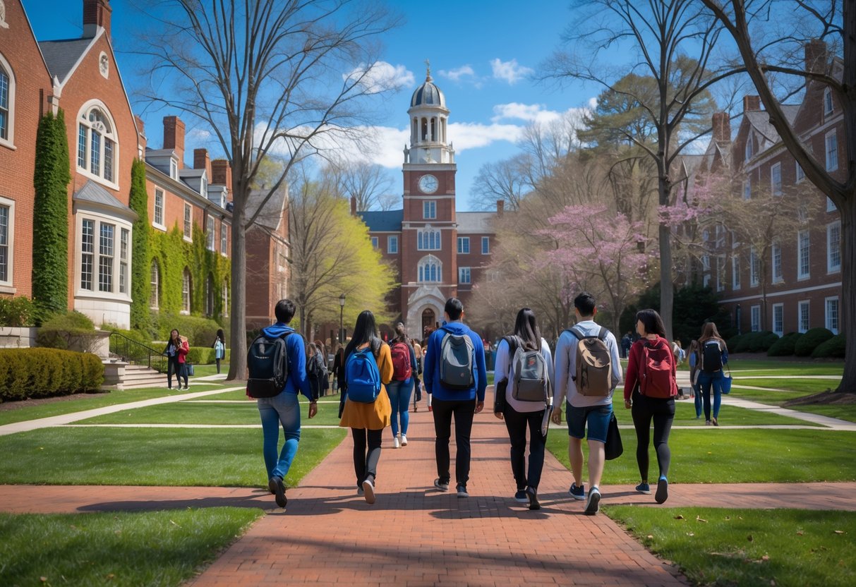 Students walking and studying on a university campus with historic brick buildings and trees on a clear day.
