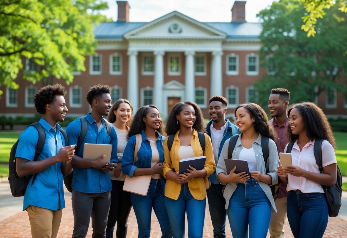 45 Fully Funded Scholarships at Harvard University 2026 11 A group of diverse college students standing and talking outside a large red brick university building with white columns and green trees.