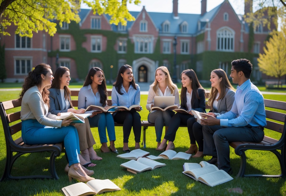 A group of graduate students studying and discussing together on a university campus with historic buildings and green lawns.