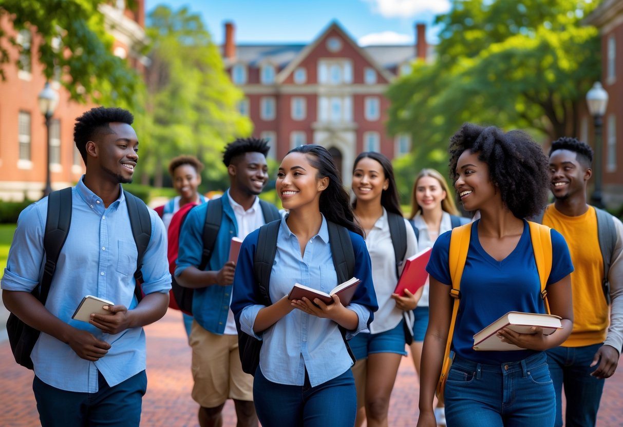 45 Fully Funded Scholarships at Harvard University 2026 12 A group of diverse university students walking and talking on a university campus with red brick buildings and green trees in the background.