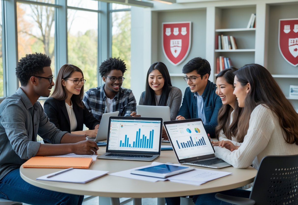 45 Fully Funded Scholarships at Harvard University 2026 15 A diverse group of students studying together around a table with laptops and notebooks in a bright university study area.