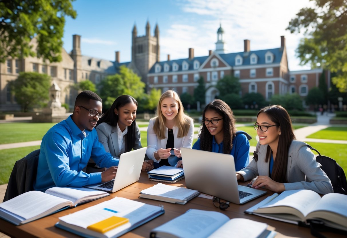 A group of diverse graduate students studying and collaborating outdoors on a university campus with Princeton University buildings in the background.