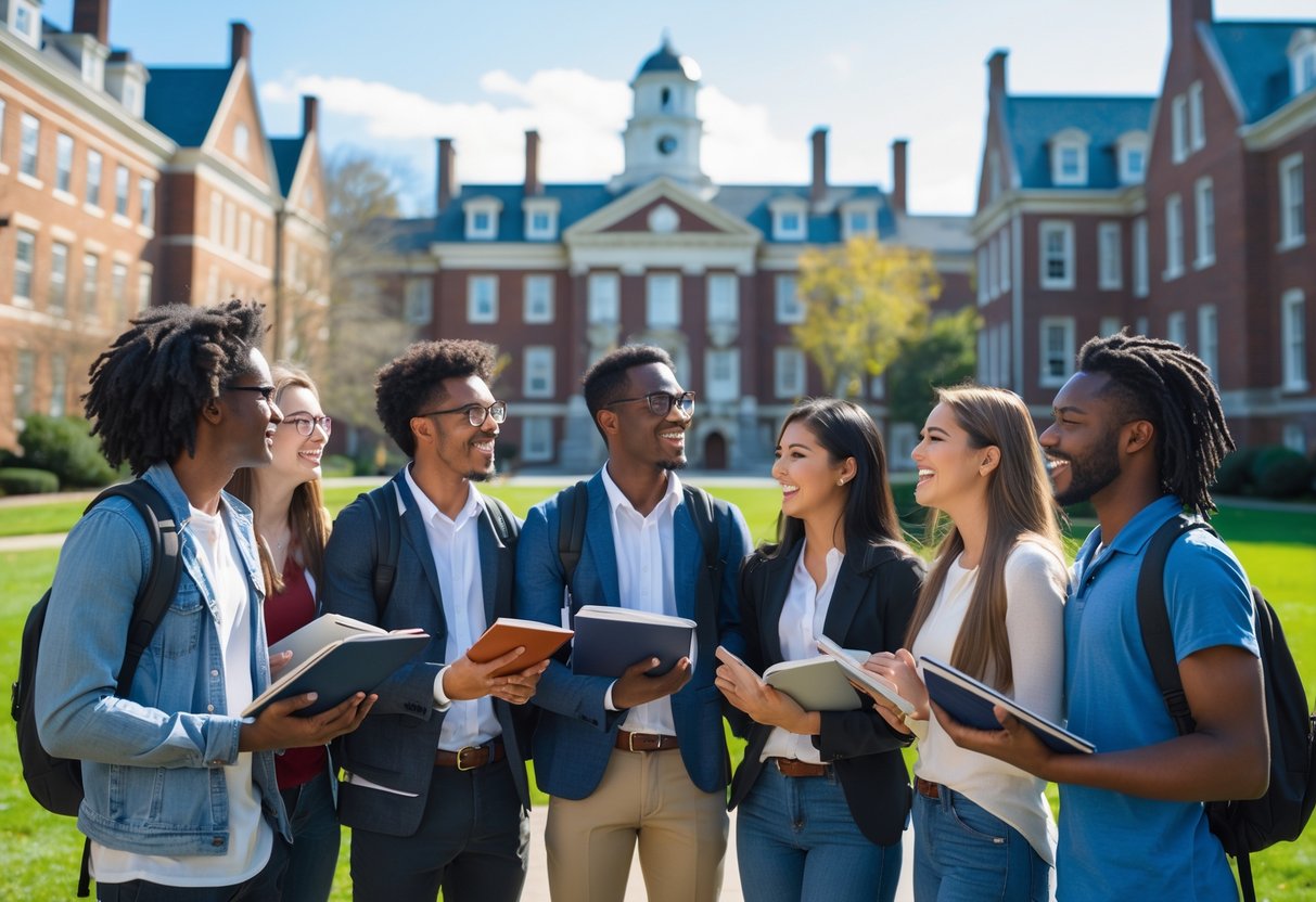 45 Fully Funded Scholarships at Harvard University 2026 16 A diverse group of university students talking and holding books outside on a sunny day at Harvard University campus.