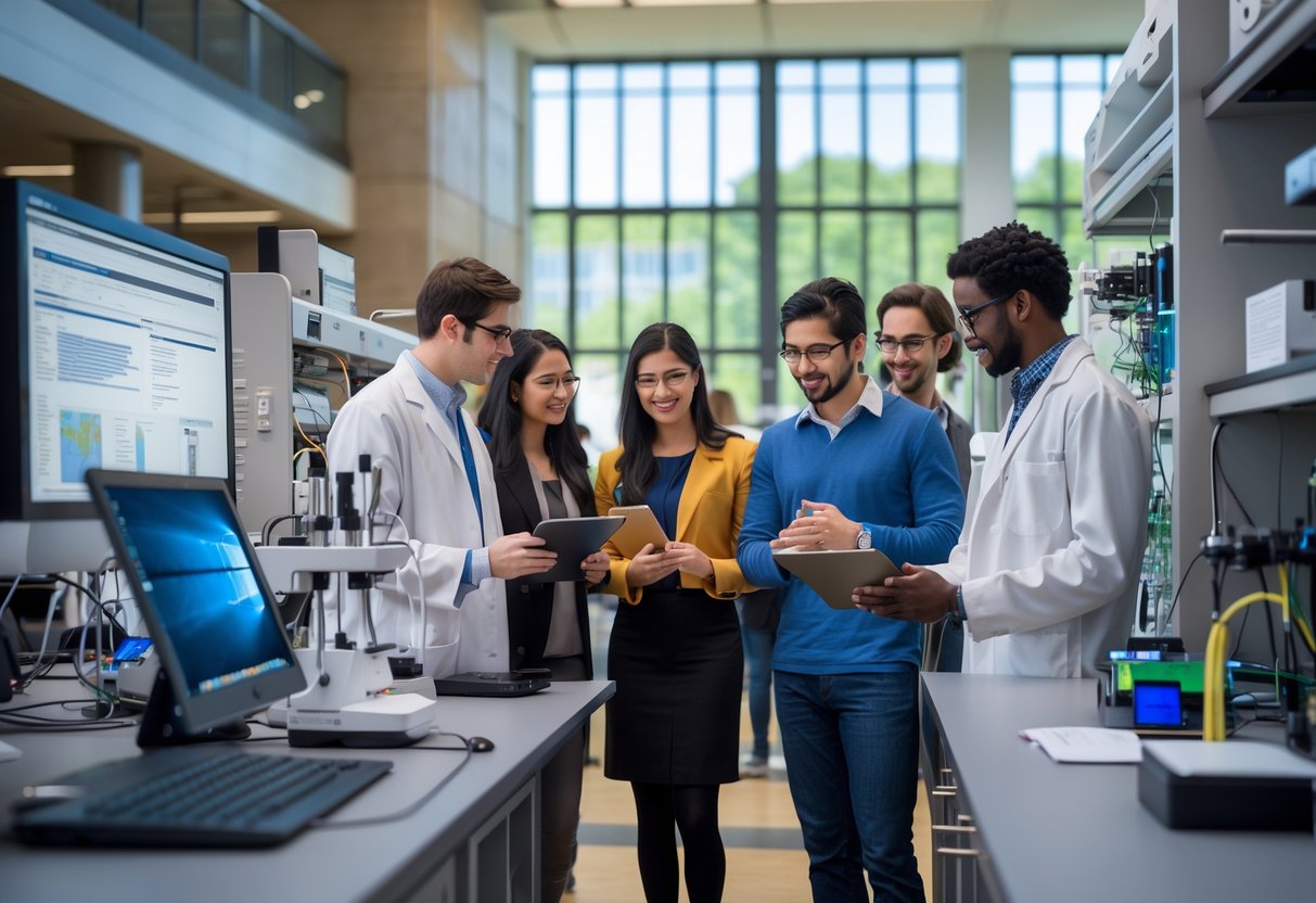 A diverse group of graduate students and researchers working together in a modern university research lab with advanced scientific equipment.