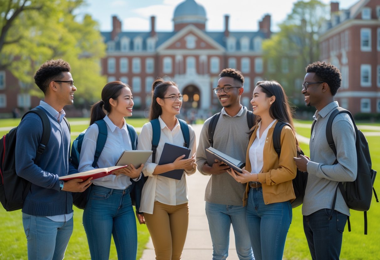 45 Fully Funded Scholarships at Harvard University 2026 17 A diverse group of students standing and talking on the Harvard University campus with historic buildings in the background.