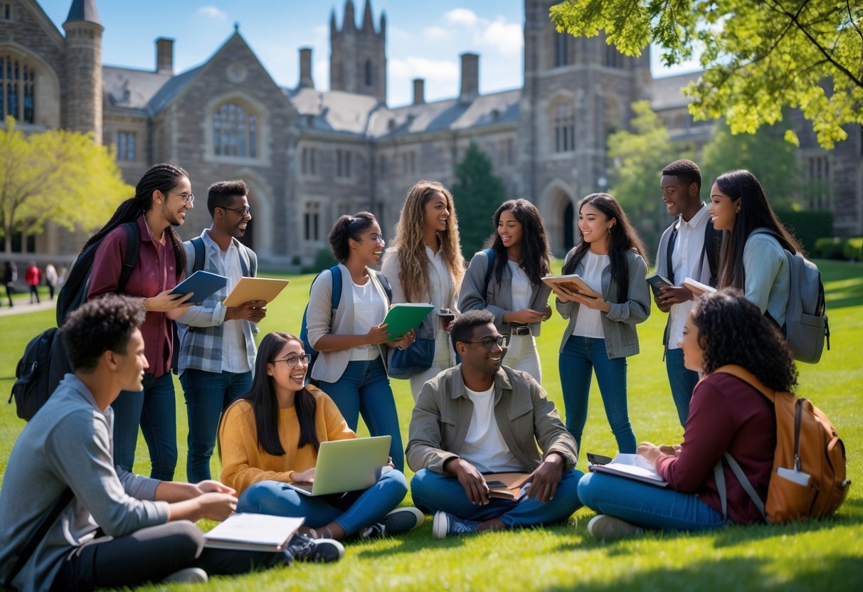 A diverse group of university students studying and talking together outdoors on a university campus with historic buildings and green lawns.