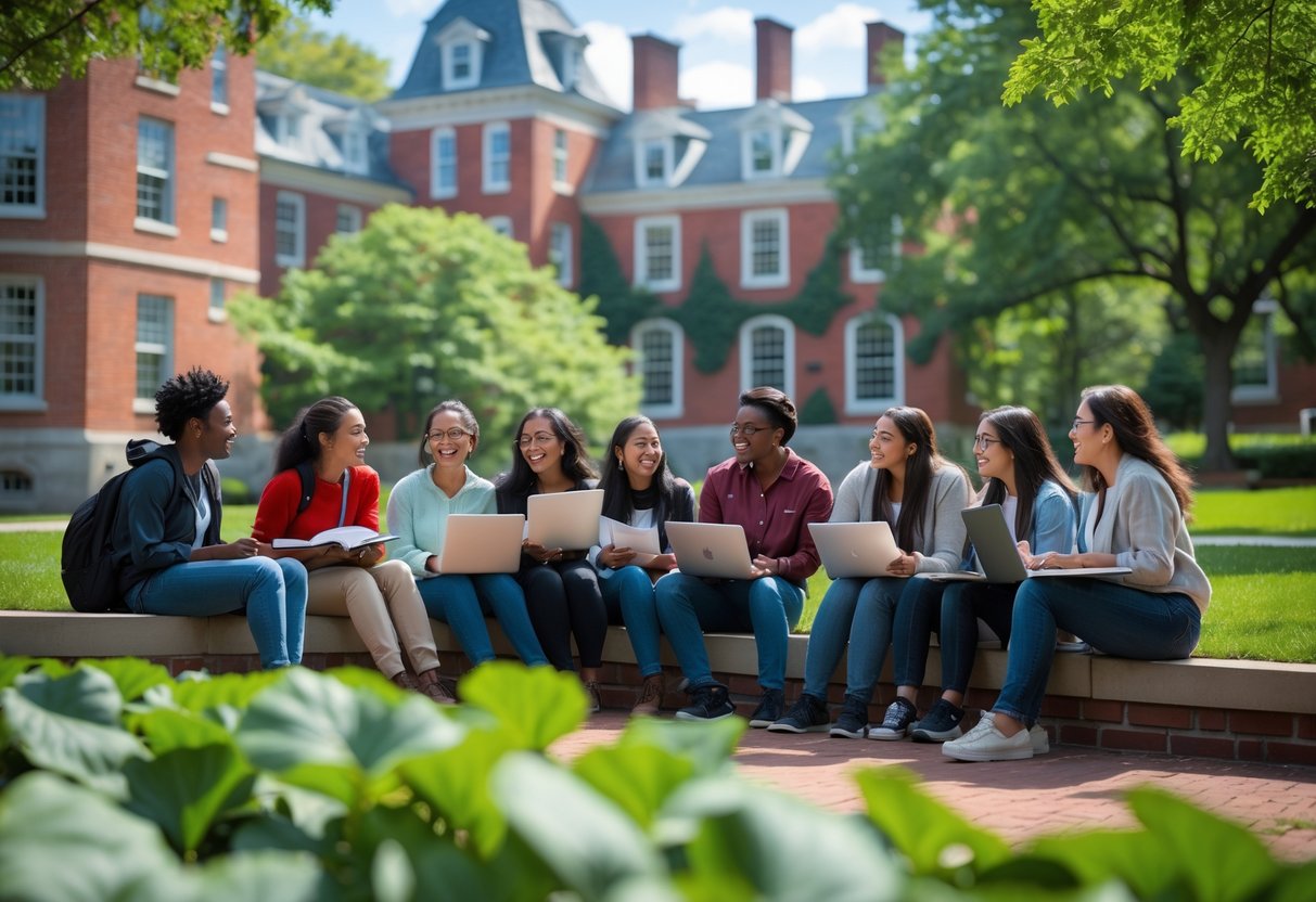 45 Fully Funded Scholarships at Harvard University 2026 19 A group of university students discussing together outdoors on a sunny day at Harvard University campus with red brick buildings and green trees in the background.