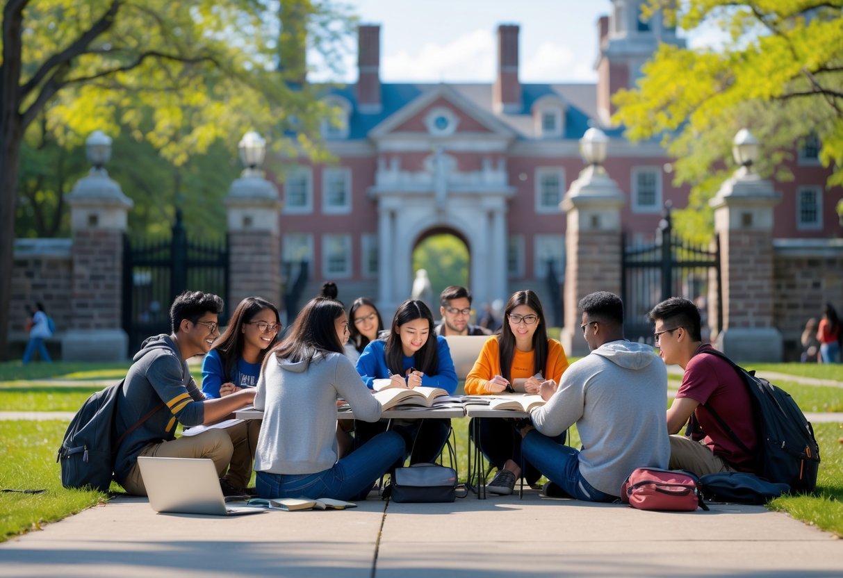 A diverse group of international students studying together outdoors on the Princeton University campus.