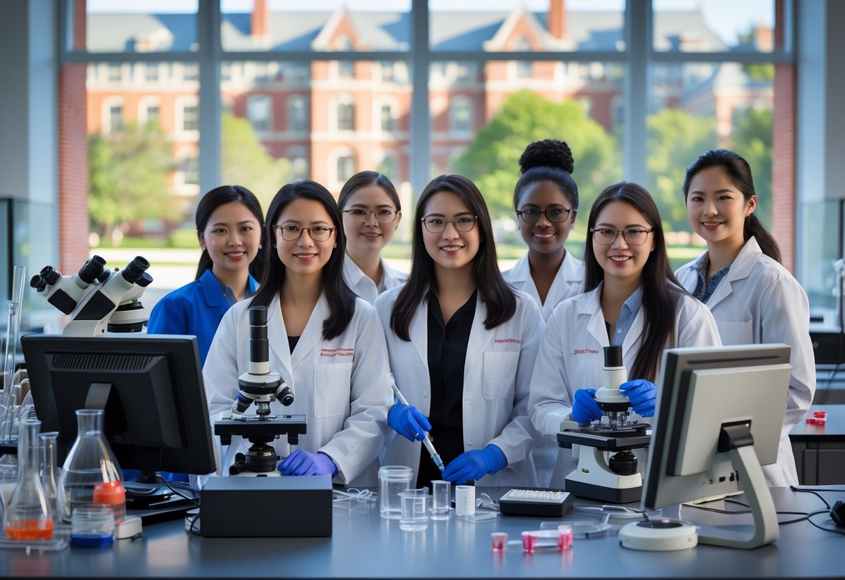 45 Fully Funded Scholarships at Harvard University 2026 20 A group of young women scientists working together in a university laboratory with scientific equipment and a view of Harvard campus buildings outside.