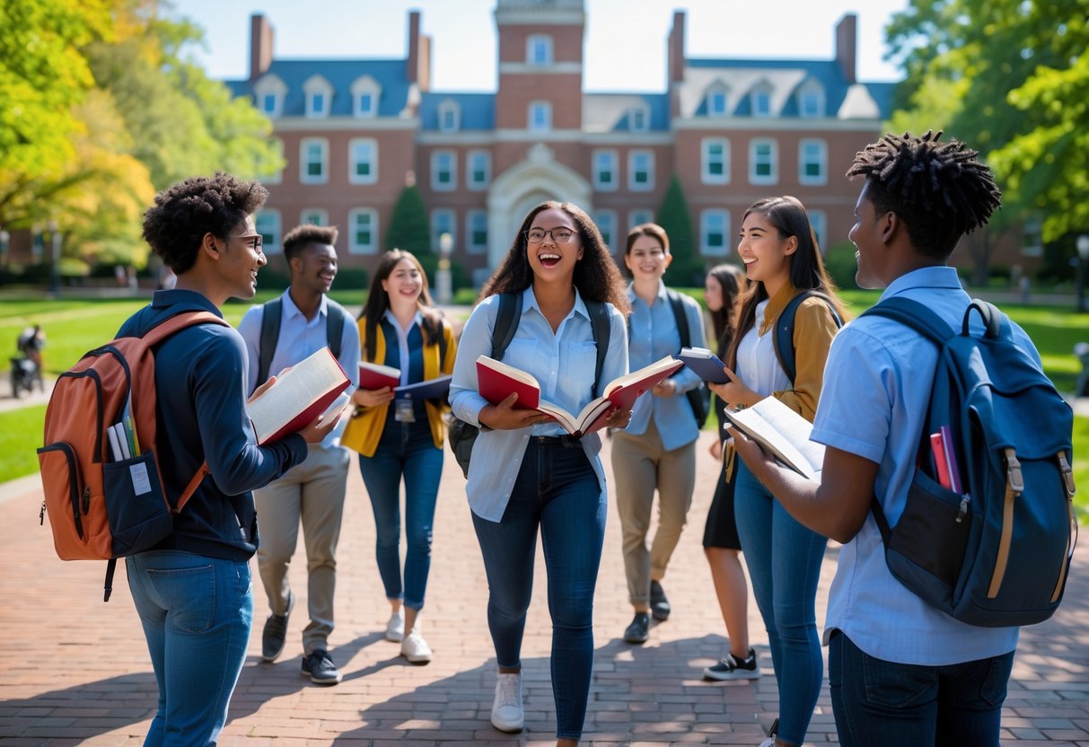 A group of diverse students standing and talking on the Princeton University campus with historic buildings and greenery in the background.