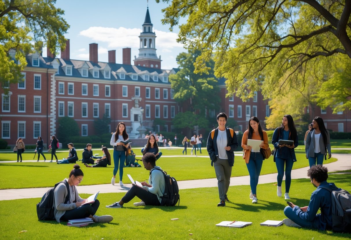 45 Fully Funded Scholarships at Harvard University 2026 21 Students studying and walking on the Harvard University campus with historic buildings and green lawns on a sunny day.