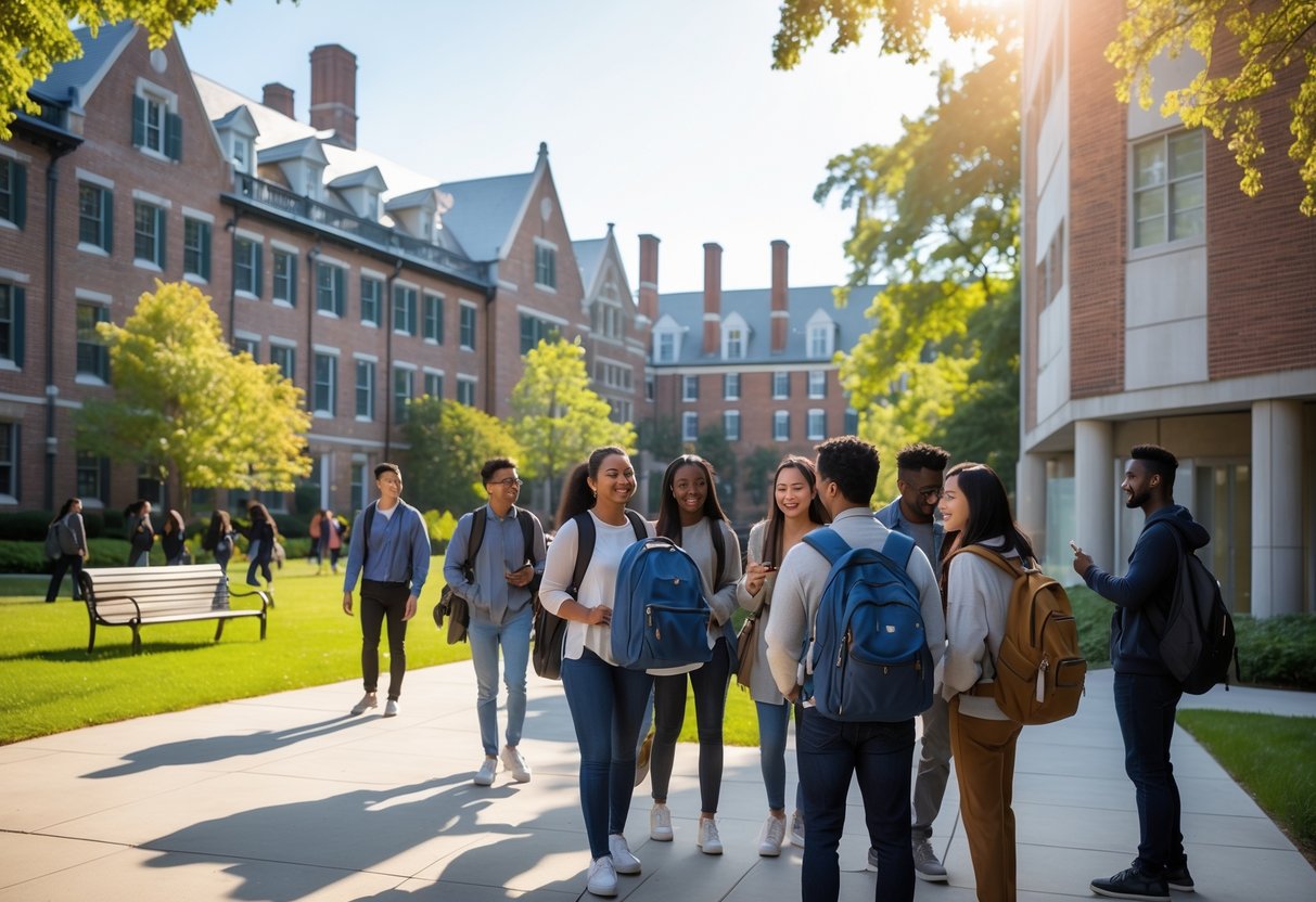 Students walking and sitting near Princeton University buildings on a sunny day, with green lawns and a modern student housing building in the background.