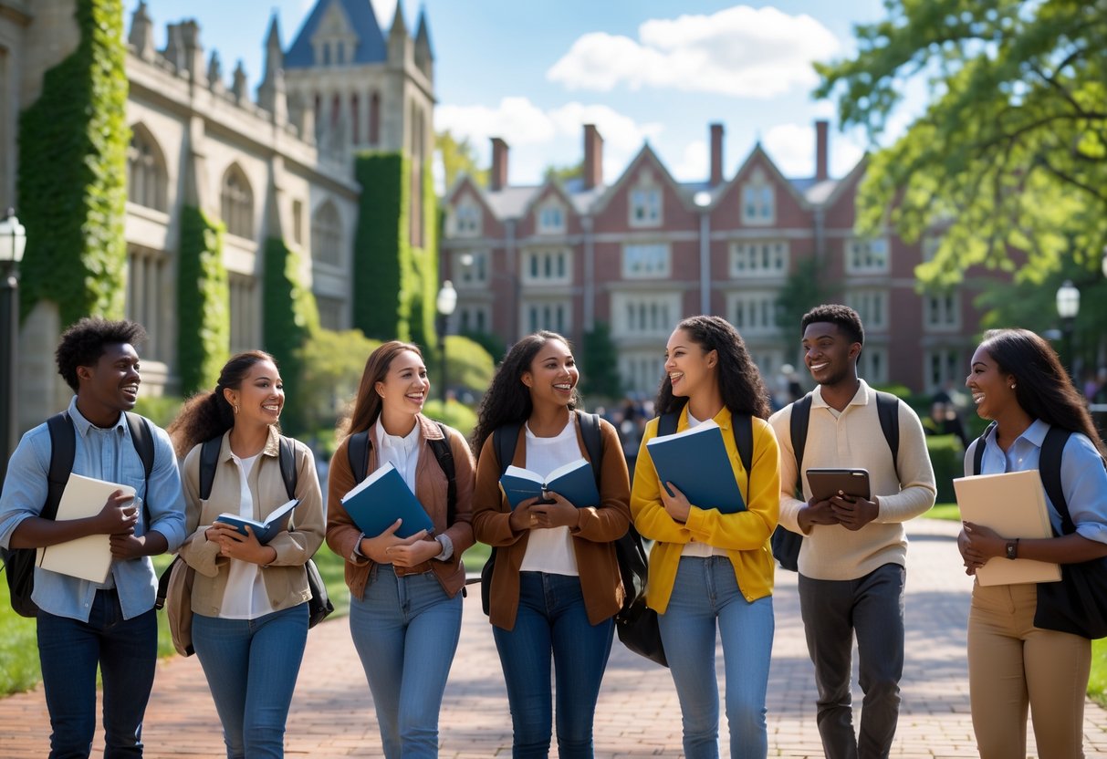 A diverse group of college students standing and talking on the Princeton University campus with historic buildings and greenery in the background.