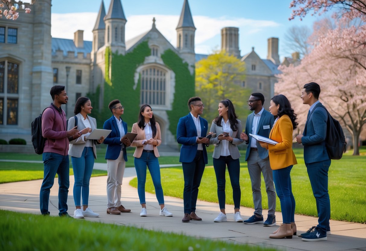 A group of young scholars discussing outdoors on the Princeton University campus with historic buildings and green lawns in the background.