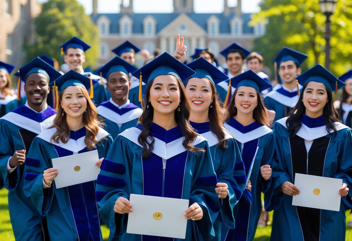 A group of diverse university graduates in caps and gowns celebrating outdoors on a sunny day at a university campus with historic buildings in the background.