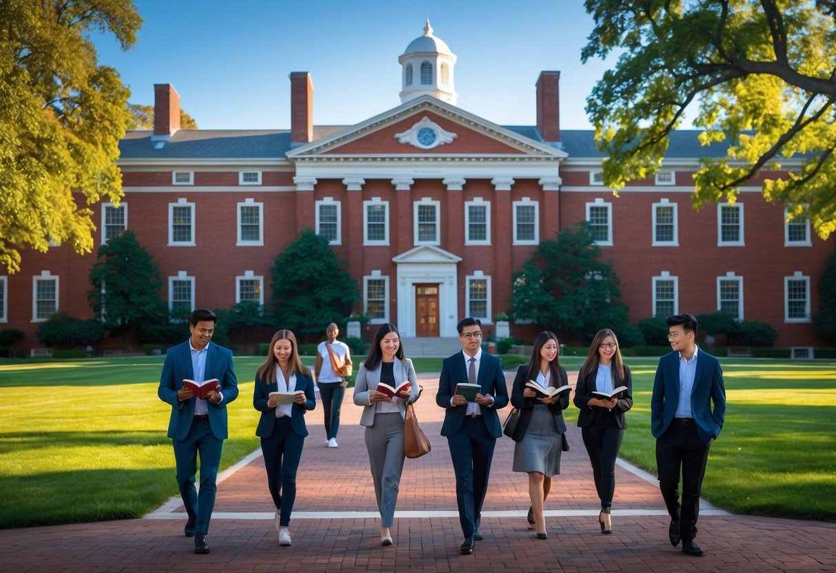 45 Fully Funded Scholarships at Harvard University 2026 25 Students walking and studying on a university campus with a historic red brick building and green trees in the background.