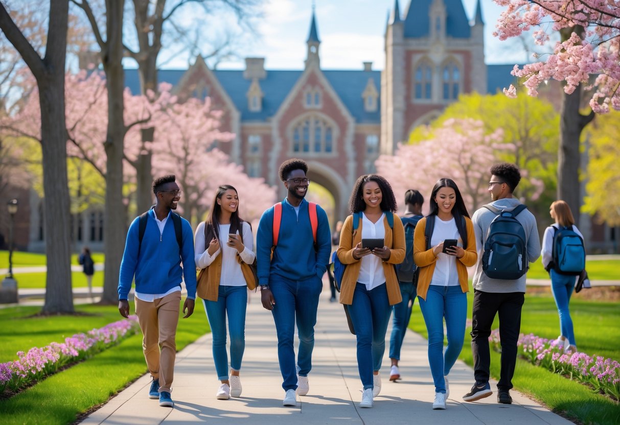 Students walking and talking on a university campus with historic buildings and green trees in the background.