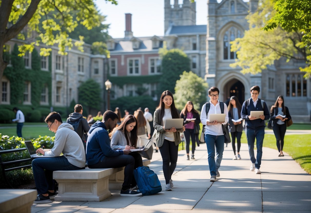 Graduate students studying and walking on the Princeton University campus with historic buildings and trees in the background.