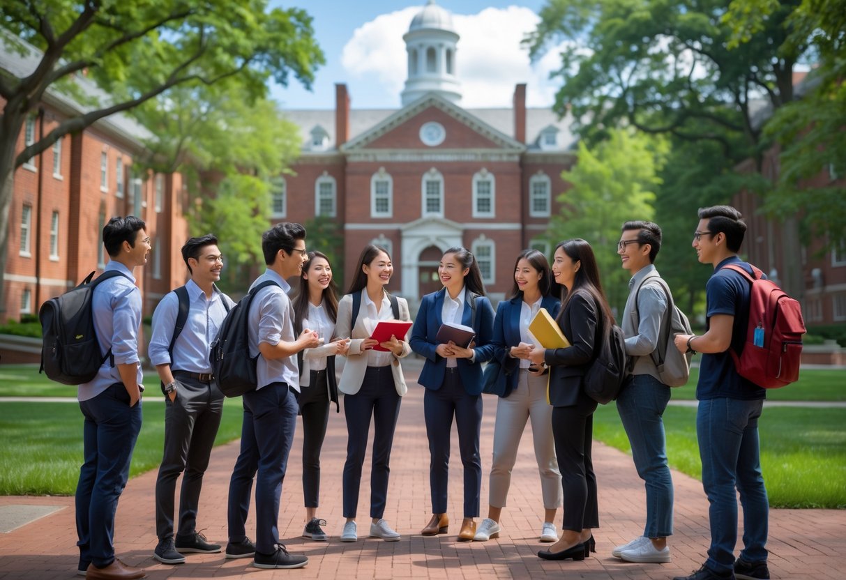 45 Fully Funded Scholarships at Harvard University 2026 27 A group of diverse graduate students talking and smiling on the Harvard University campus with historic buildings and greenery in the background.