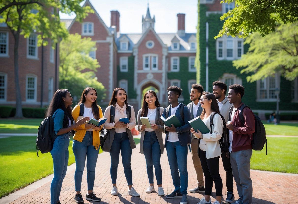 A diverse group of university students smiling and talking on a university campus with classic buildings and green trees in the background.