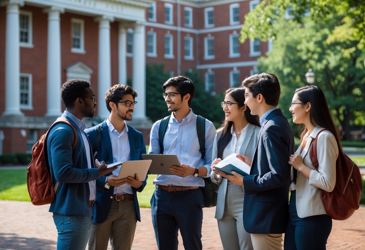 45 Fully Funded Scholarships at Harvard University 2026 29 A group of young researchers talking and working together outside Harvard University buildings.