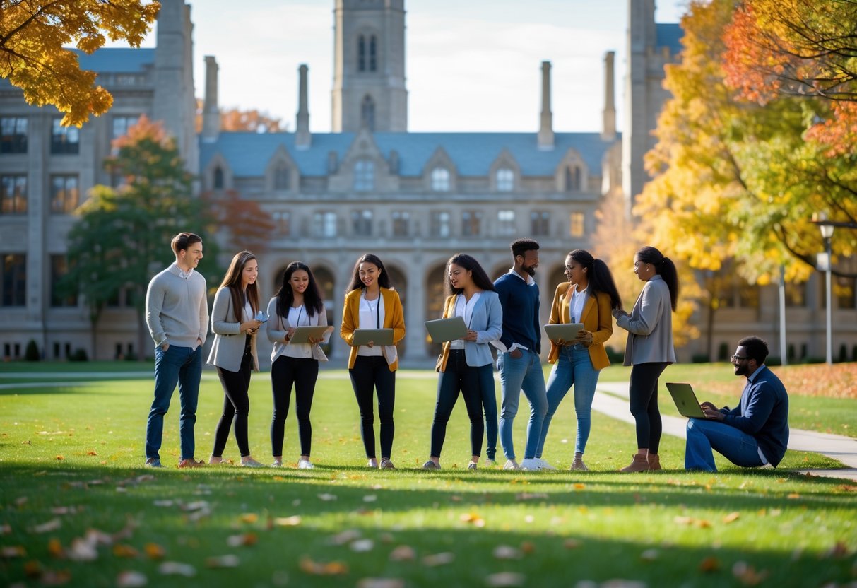 Students studying and collaborating outdoors on the Princeton University campus with historic buildings and autumn trees in the background.