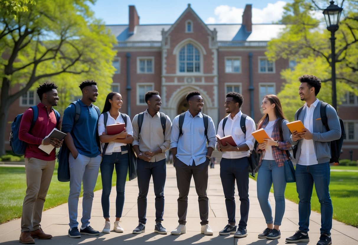 A group of diverse college students standing together on a university campus with historic buildings and trees in the background.