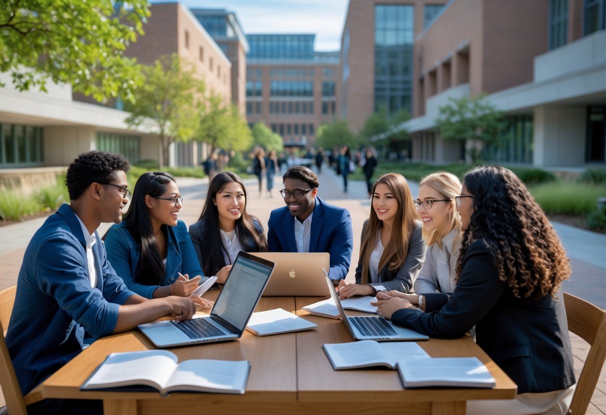 A diverse group of graduate students studying and discussing together outdoors on a university campus with modern buildings and greenery in the background.