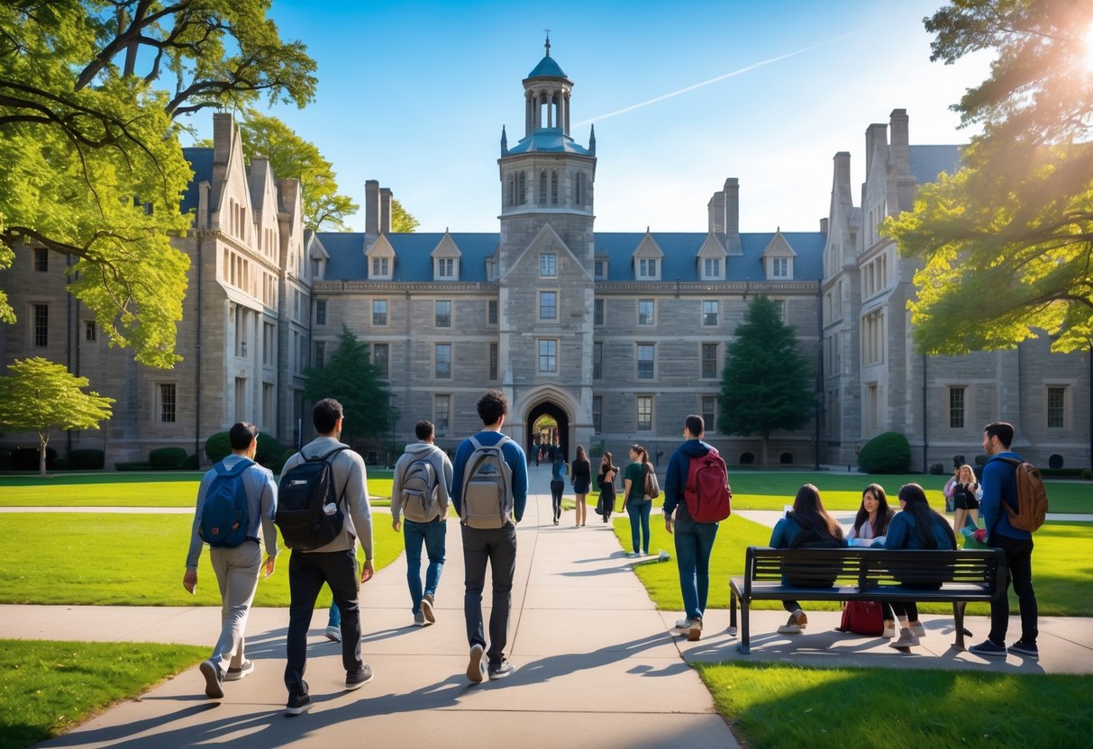 Students walking and studying on the Princeton University campus with historic buildings and green lawns on a sunny day.