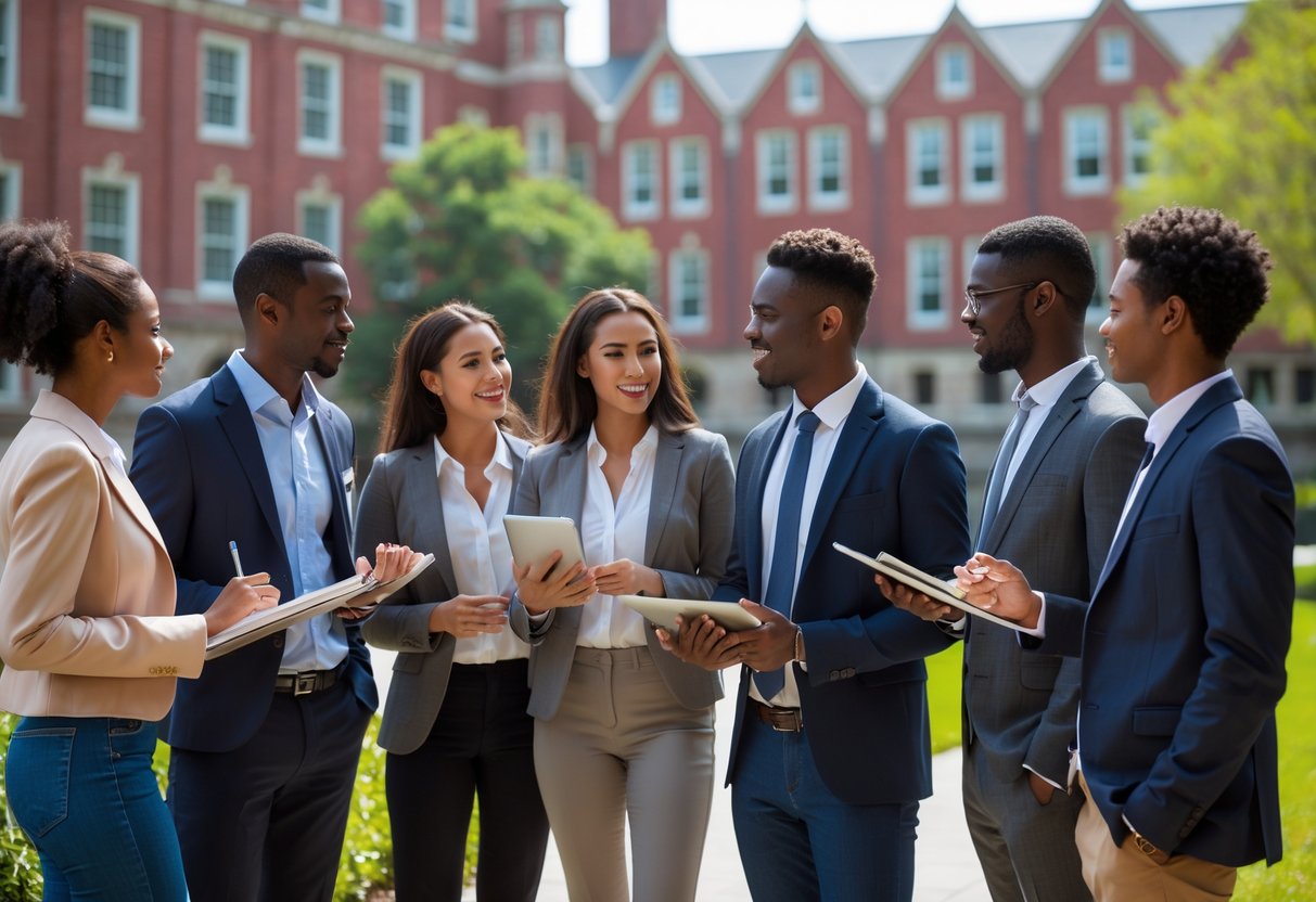 45 Fully Funded Scholarships at Harvard University 2026 33 A group of diverse young adults talking and studying together outside on a university campus with red brick buildings in the background.