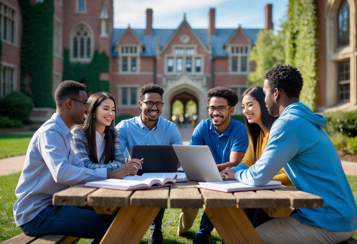 A group of graduate students studying together outdoors on a university campus with historic buildings in the background.
