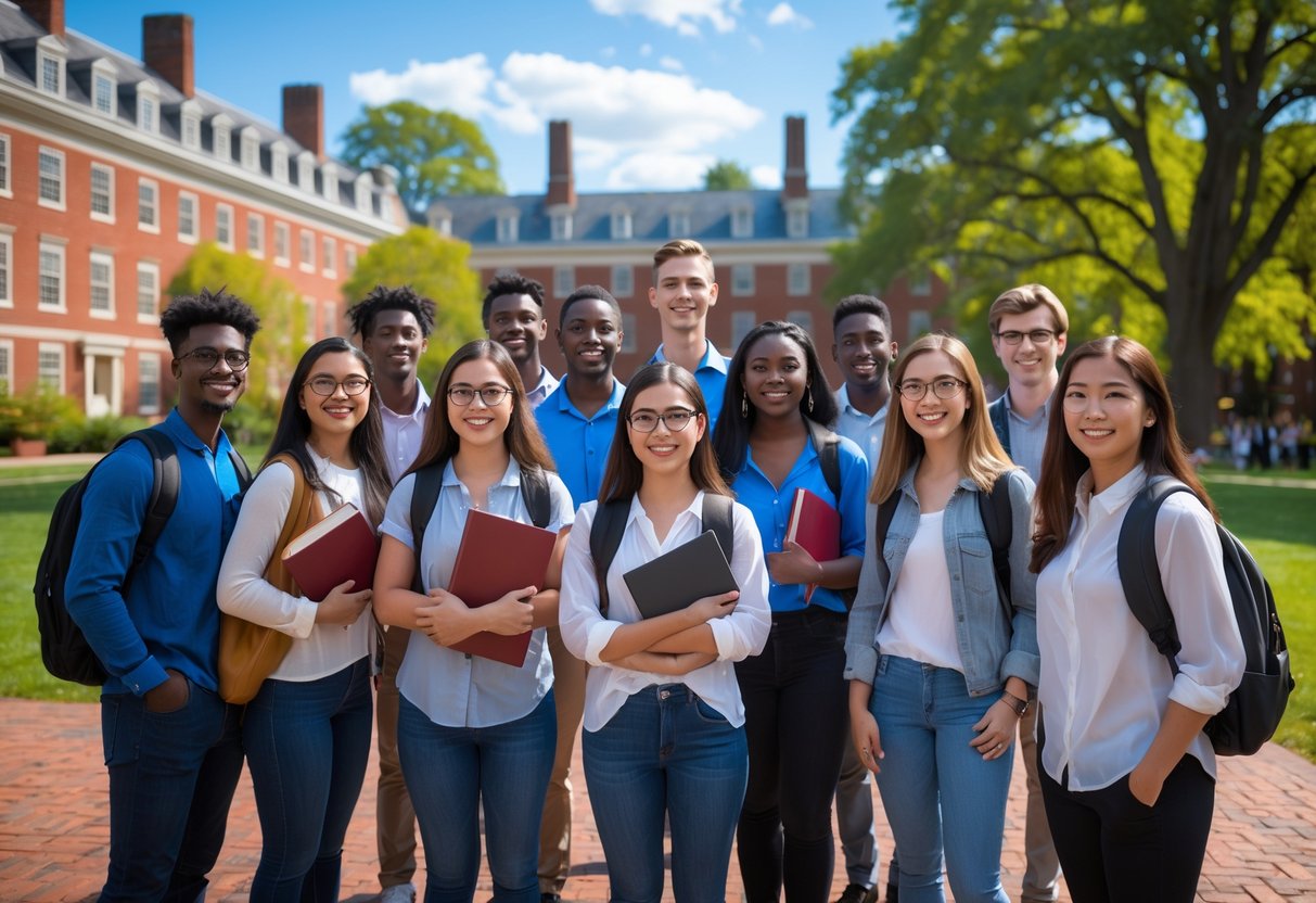 45 Fully Funded Scholarships at Harvard University 2026 34 A diverse group of smiling college students standing together on a university campus with historic red brick buildings and green lawns in the background.