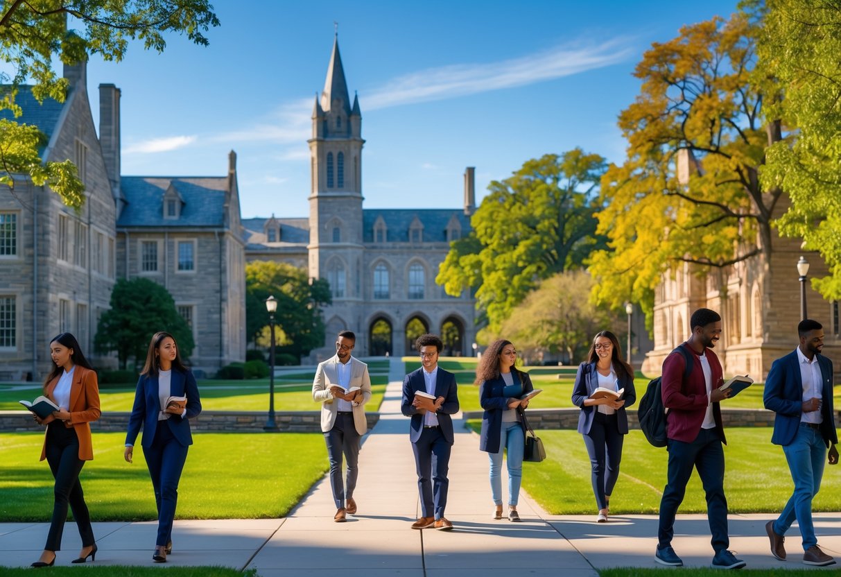 Students walking and studying on the Princeton University campus with historic buildings and green lawns in the background.