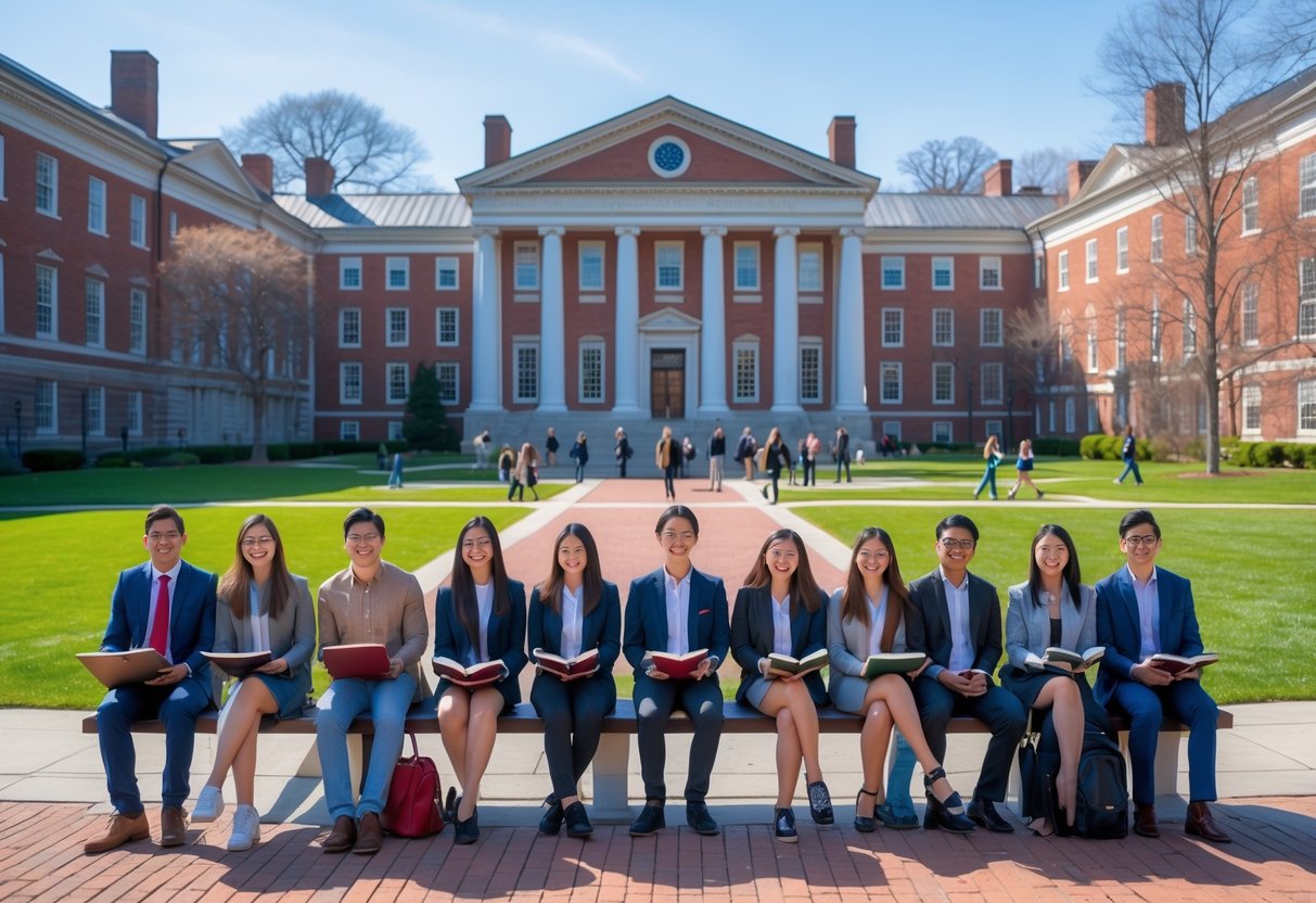 45 Fully Funded Scholarships at Harvard University 2026 35 Students studying and walking on Harvard University campus with historic buildings and green lawns in the background.