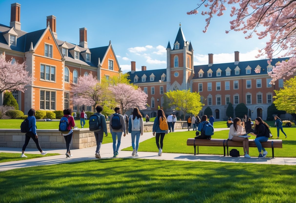 Students walking and studying on the Princeton University campus with historic buildings and green lawns on a sunny day.
