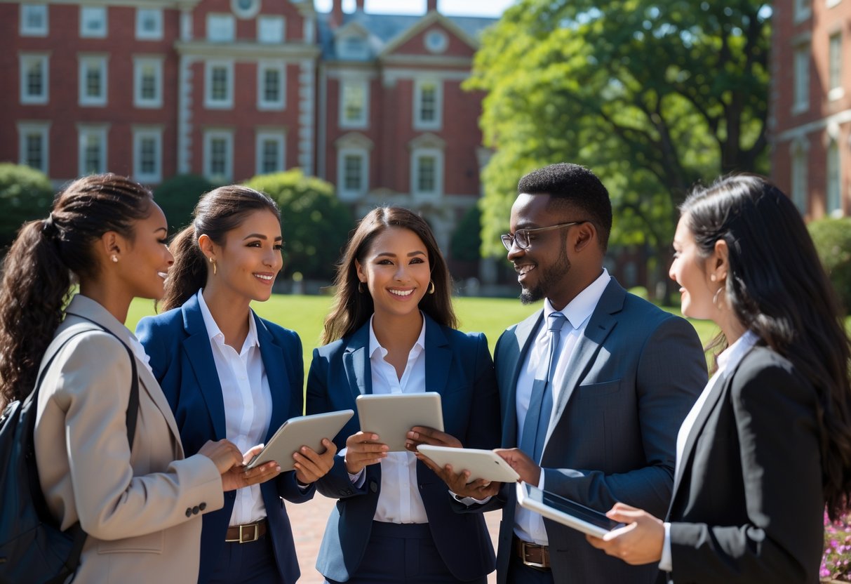 45 Fully Funded Scholarships at Harvard University 2026 36 A diverse group of law students discussing together outdoors on a university campus with historic buildings in the background.