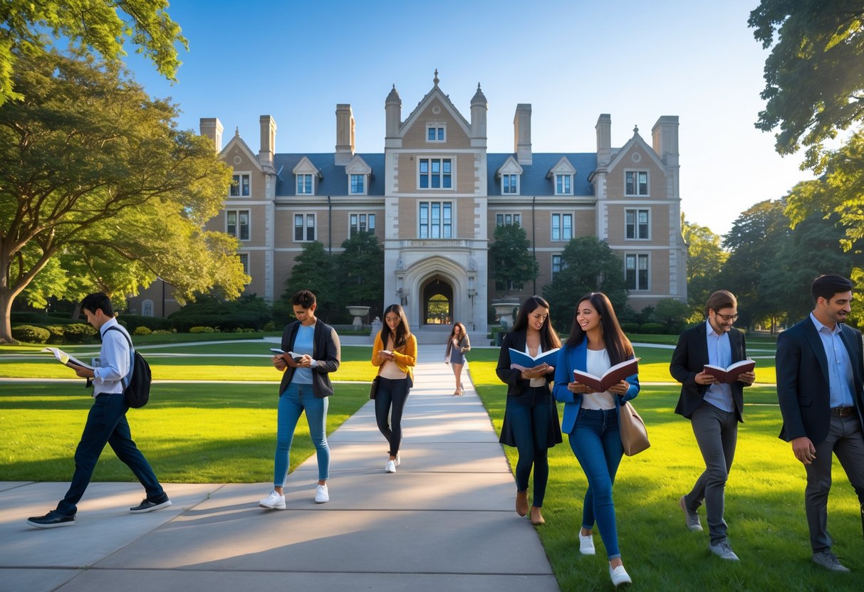 Students walking and studying on a university campus with historic buildings and green lawns on a sunny day.