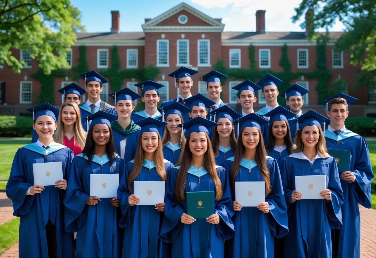 45 Fully Funded Scholarships at Harvard University 2026 37 A group of diverse young graduates in caps and gowns celebrating outside a historic university building on a sunny day.