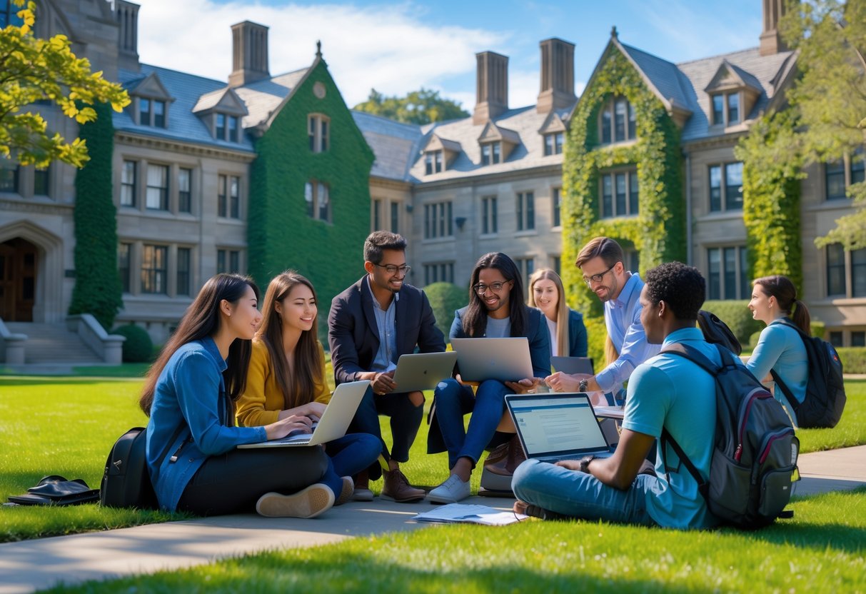 Students and faculty collaborating outdoors on Princeton University campus with classic buildings and green lawns under a clear sky.