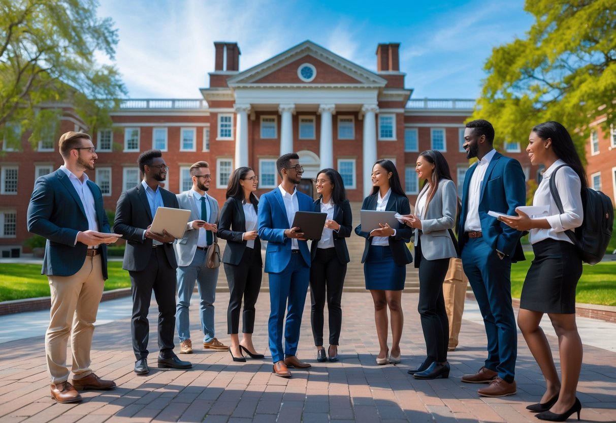 45 Fully Funded Scholarships at Harvard University 2026 38 A diverse group of graduate students talking and studying outside a historic university building on a sunny day.