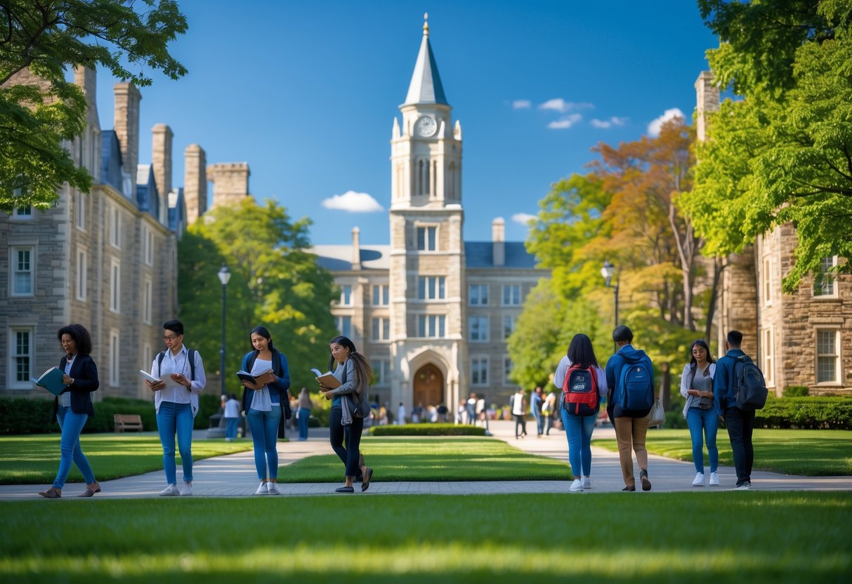 Students walking and studying on a university campus with classic buildings and green trees under a clear sky.